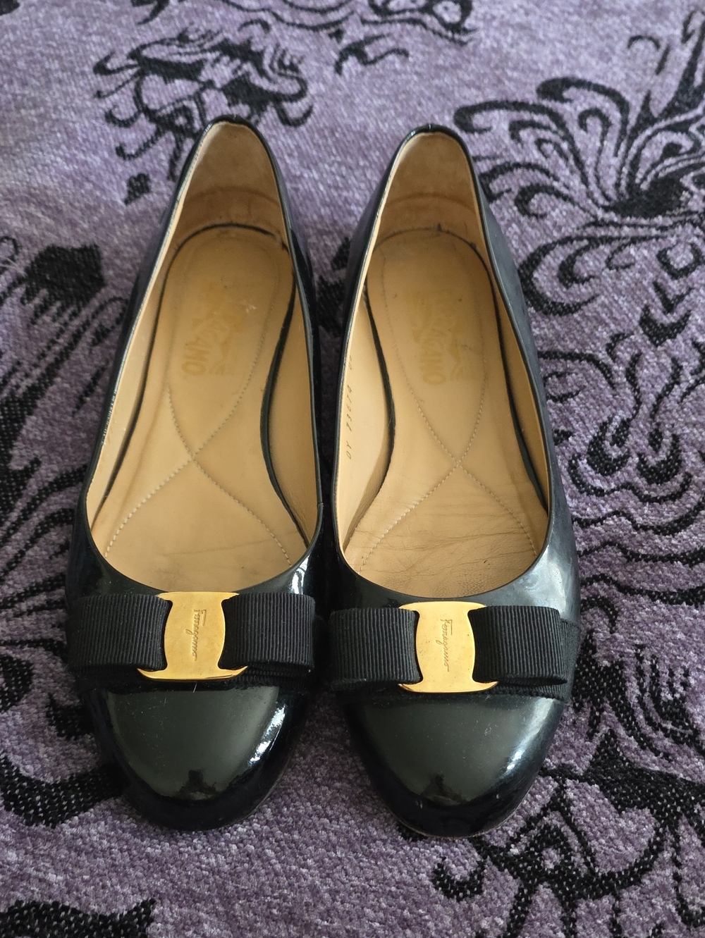 Salvatore Ferragamo Black Patent Vara Ribbon Bow Flats with Gold Logo